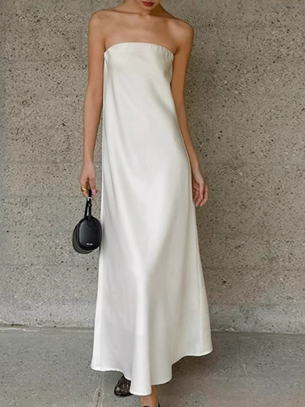 Forever 21 Champagne Satin Strapless A-Line Summer Dress Loose Casual